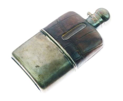 Victorian silver and leather mounted glass spirit flask, the hinged cover and sleeve hallmarked for Sampson Mordan & Co, Lond