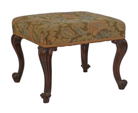 Victorian rectangular top stool having a floral patterned needlepoint seat and standing on rosewood cabriole supports, 53cm w