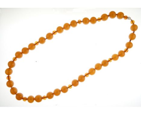 Row of amber beads, thirty-three beads of approximately 1.7cm diameter, interspersed at interval with small clear amber beads