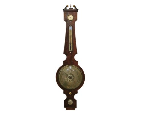 String inlaid mahogany cased wheel barometer by B. Geronimo of Bristol, having engraved silvered dial, scale, level and hygro