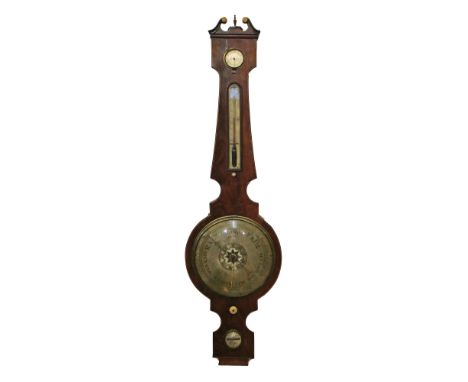 String inlaid mahogany cased wheel barometer by B. Geronimo of Bristol, having engraved silvered dial, scale, level and hygro