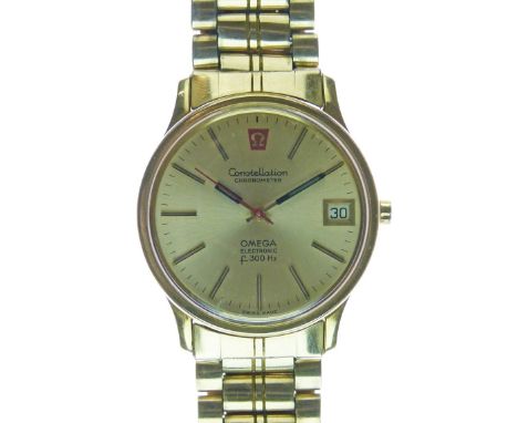 Omega - Constellation f300 chronometer wristwatch, Ref: 198.0003, gold plated case with gold coloured dial having applied hou