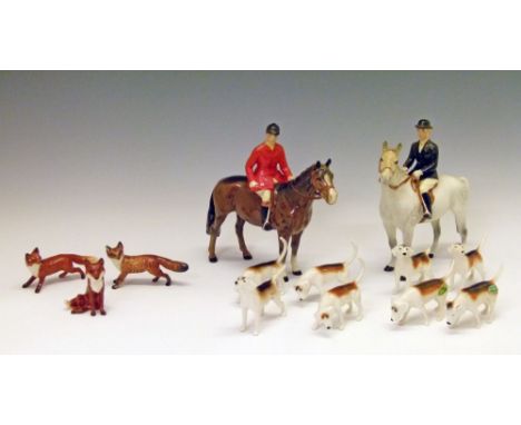 Beswick hunting group comprising: Huntsman No.1501 style two (brown, gloss) and Huntswoman, style two (grey, gloss), eight va