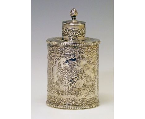 Late 19th Century Dutch silver cylindrical tea caddy and cover, typically decorated in low relief with romantic couples in la