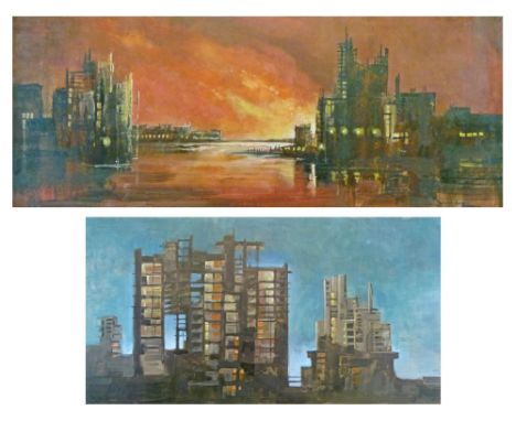 Deborah Jones (1921-2012) - Oil on board - A city river landscape at night, signed, 30cm x 76cm together with an oil on board
