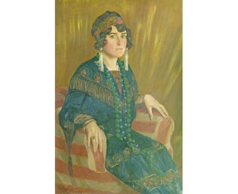 Thomas Edgar Stephens (1885-1966) - Oil on canvas - Three quarter length portrait of a lady, dressed in the 1920's style, a b