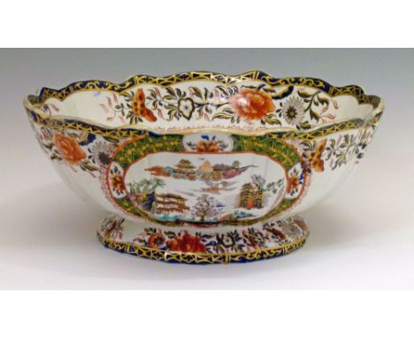 19th Century Masons Ironstone bowl having gilt highlighted polychrome transfer printed decoration depicting a lakeland landsc