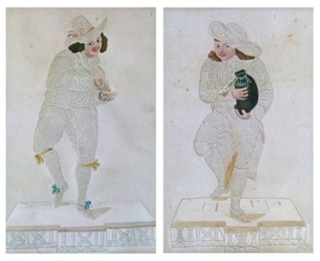 Pair of early 19th Century English pinprick and watercolour pictures - Caricature studies, one showing a man with a bag of mo