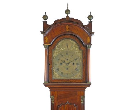 Antique inlaid mahogany longcase clock signed Francis Jersey, London, the hood with arch shaped cornice, conforming door flan