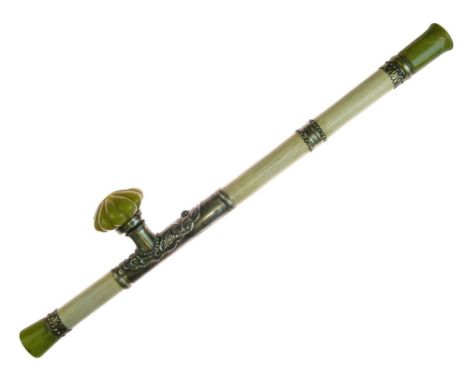 Chinese white metal mounted bone and green hardstone opium pipe, the centre section with embossed decoration and inset with t