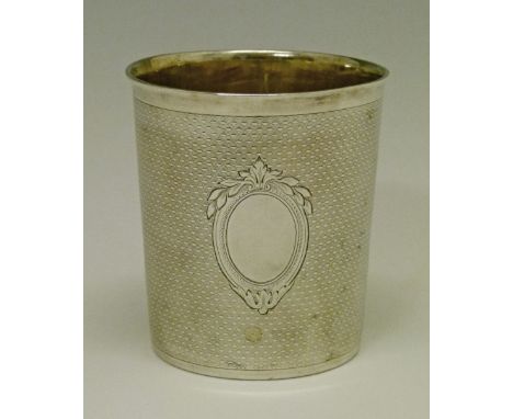 19th Century French silver beaker having allover engine turned decoration, makers Maison Odiot, 7cm high, 2.6oz approx  Condi