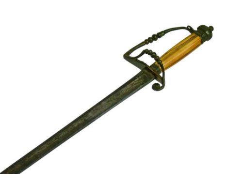 Georgian '5 ball' spadroon sword, circa 1790, straight fullered single-edged blade 80cm etched with Royal Arms trophies etc, 