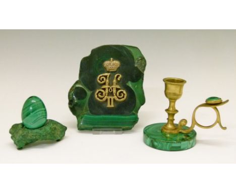 Russian malachite paperweight mounted with an ormolu Imperial monogram of Nicholas II, 12cm x 11cm together with a similar ma