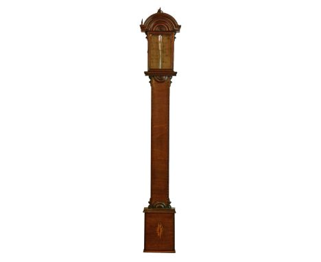 George III mahogany stick barometer having an arch shaped moulded pediment, conforming mouldings and inlaid decoration, hand 