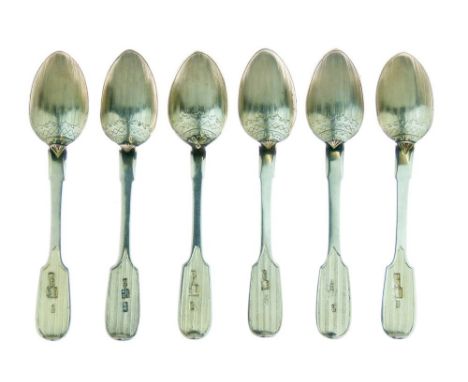 Set of six 19th Century Russian Fiddle pattern coffee spoons, each having engine turned decoration, maker A.C, Assayer Ivan Y