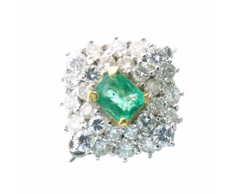 Emerald and diamond cluster ring, stamped 'Plat and 18ct', the step cut emerald enclosed by two rows of brilliant cuts, the t