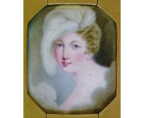 19th Century French School - Miniature on enamel - Portrait of a lady wearing a feathered hat and set amongst clouds, 9cm x 7