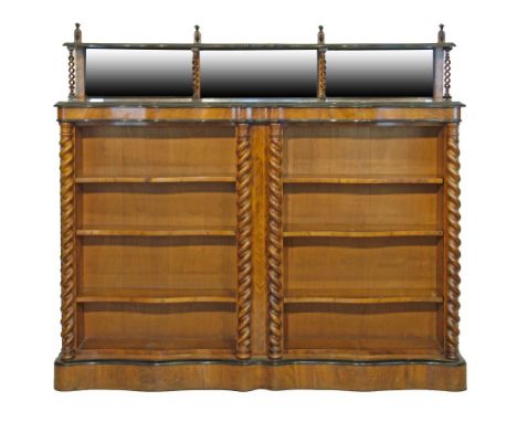 Victorian string inlaid figured walnut open bookcase, the raised mirror panel back fitted one shelf supported by open twist p