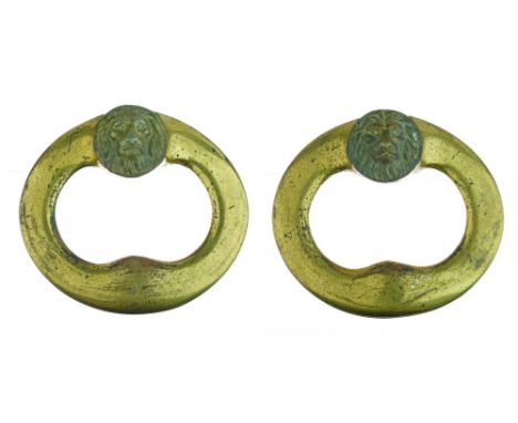 Pair of 19th Century lacquered brass oval ring drop door knockers, each having lion mask decoration, 14.75cm wide  Condition: