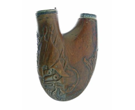 19th Century Continental carved wooden pipe bowl decorated with flags, cannons and a central crown, 12.75cm high  Condition: 