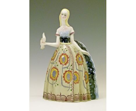 1930's period Lenci figure depicting a lady, a dove on her right hand, base with printed marks and painted date 10-11-33, 31.