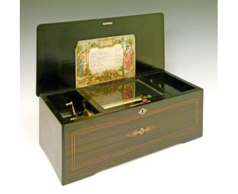 19th Century Swiss inlaid rosewood and simulated rosewood cased eight air musical box having a 15.25cm cylinder, 47cm wide  C