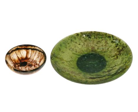 Small Blue John bowl, 6cm diameter together with a moss agate saucer dish, 12cm diameter  Condition: Some light scratches to 