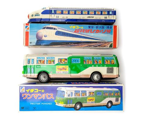 Tinplate: A boxed tinplate large scale coach and bullet train, both with friction motors, made by Ichiko. (2)