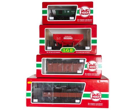 LGB: A collection of four boxed Lehmann-Gross-Bahn rolling stock to comprise: Item No. 40055, 43210, 42610 and 42413. (4)