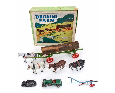 Britains: A boxed Britains Farm set, Timber Carriage, 12F, comprising of six horses pulling a tree trunk, together with two u