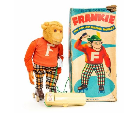 Alps: A boxed Remote Control, Frankie: The Rolling Skating Monkey, red jumper, check trousers, brown plastic roller skates, c