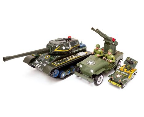 Tinplate: A battery operated Masudaya (Modern Toys, Japan) Army Tank, a Friction Powered Army Jeep (China) and plastic Army J