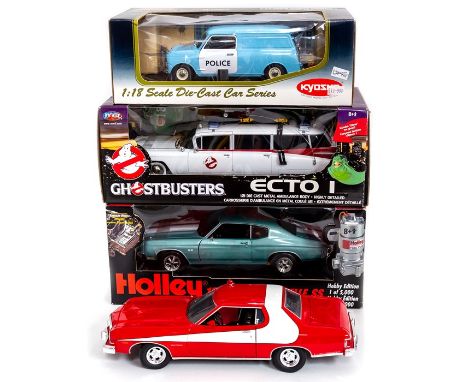 Diecast: A boxed Ghostbusters Ecto 1 Ambulance, 1:21 scale, boxed Kyosho 1:18 Mini Van Police, boxed Holley 1970 Chevy Chevel