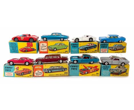 Corgi: A collection of eight boxed Corgi Toys vehicles to comprise: Ferrari Berlinetta 314, Ford Mustang 320, Ghia 241, Merce