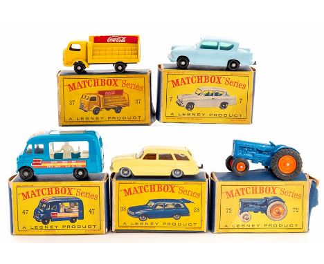 Matchbox: Five boxed Matchbox Series 1-75 vehicles, to comprise: Ford Anglia 7, Coca-Cola Lorry 37, Vauxhall Victor Estate Ca