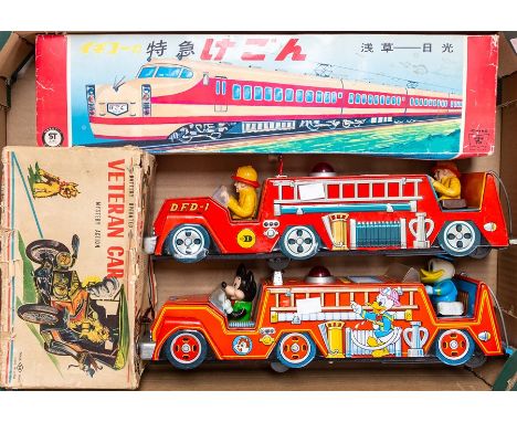 Tinplate: A boxed battery operated tinplate by Nomura, Japan, Veteran Car, together with a Fire Engine with Mickey Mouse and 
