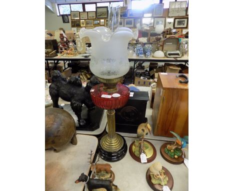 Brass & Cranberry glass oil lamp
