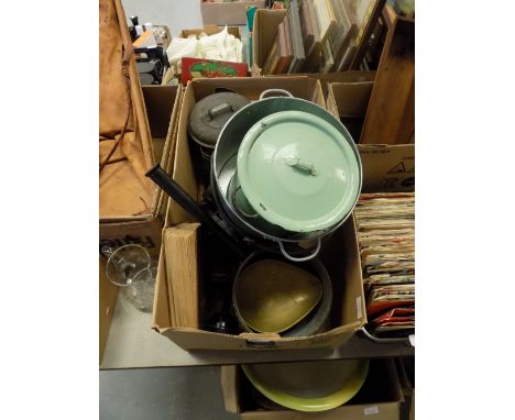 Box of kitchen wares, scales, parts etc