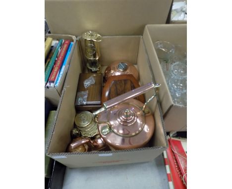 Box including copper kettle, miners lamp, jewellery box