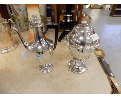 Gorham plated coffee pot (lacking finial) and Walker & Hall plated egg cruet