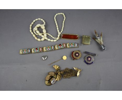 Brooches, bone necklace, bangle etc