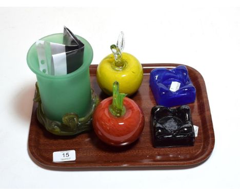 Mihai Topescu green glass vase, two pieces of coloured fruit, blue squat glass candlestick and another, signed with labels (5