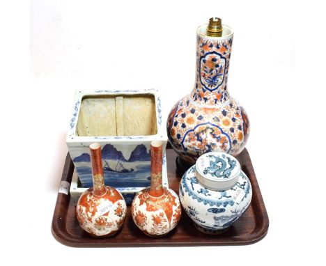 A 19th century blue and white Chinese square planter, pair of Japanese Kutani vases, a blue and white Chinese ginger jar and 