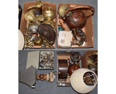 Three boxes of miscellaneous items including Middle Eastern brass and other metal wares; modern Chinese wooden oversized teap