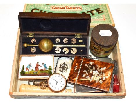 A selection of collectables consisting of a Sike's hydrometer in a mahogany box, tortoiseshell mother of pearl inlaid card ca