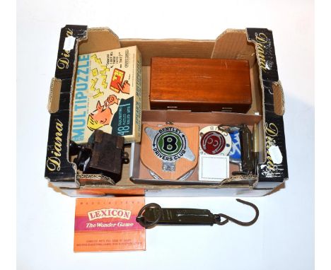 A mahogany cased miniature travel chess set, bone pieces; with miscellaneous games tools, automobilia etc (qty)