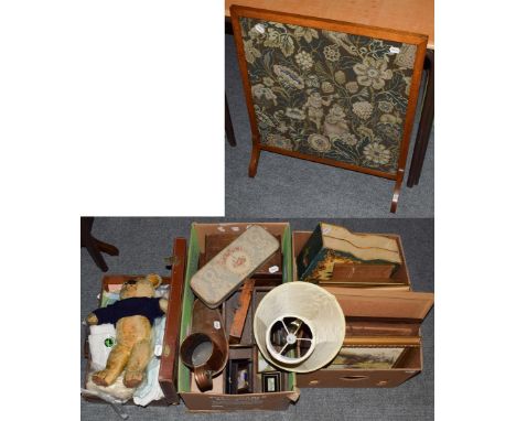 A small group of pictures including watercolours, together with a needlework fire screen, 19th century boxes, housemaids' tra