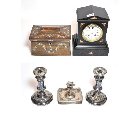 Rosewood tea caddy, pair of Old Sheffield plate candlesticks, chamber candlestick and a mantle clock