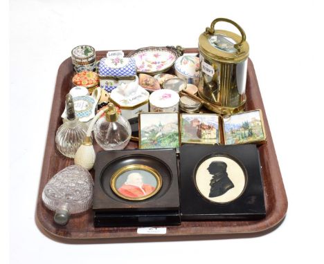A selection of 20th century porcelain and enamel boxes, floral decorated small dish, three glass scent bottles, brass oval sh