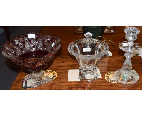 Baccarat candlestick; a large Bohemian pedestal bowl; and a glass jar and cover (3)